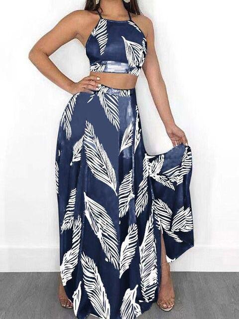 Sleeveless Feather Print Halter Two-piece Suit - LuckyFash™