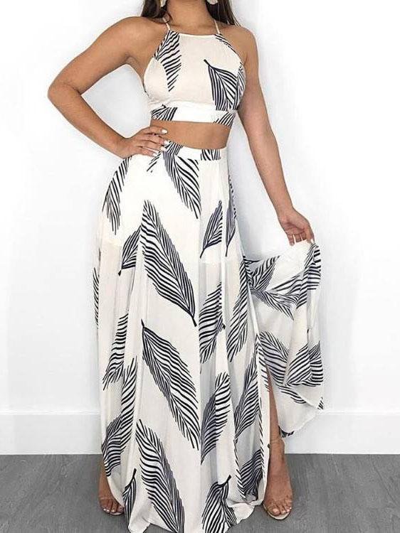 Sleeveless Feather Print Halter Two-piece Suit - LuckyFash™