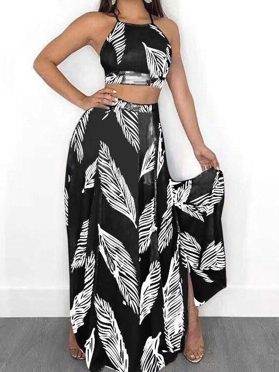 Sleeveless Feather Print Halter Two-piece Suit - LuckyFash™