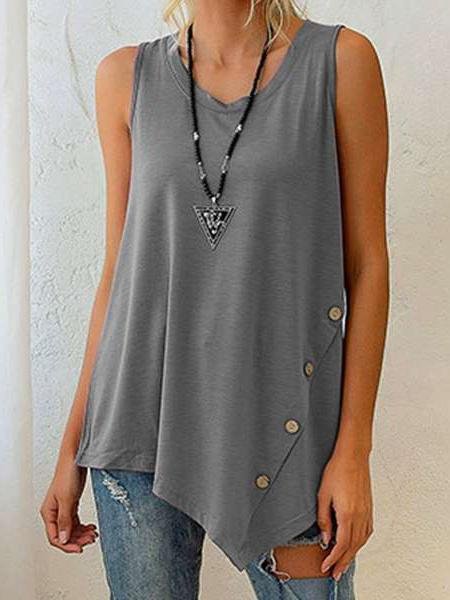 Sleeveless Top Irregular Button U-neck Vest - LuckyFash™