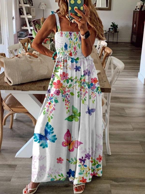 Sleeveless V-Neck Butterfly Print Dress - LuckyFash™