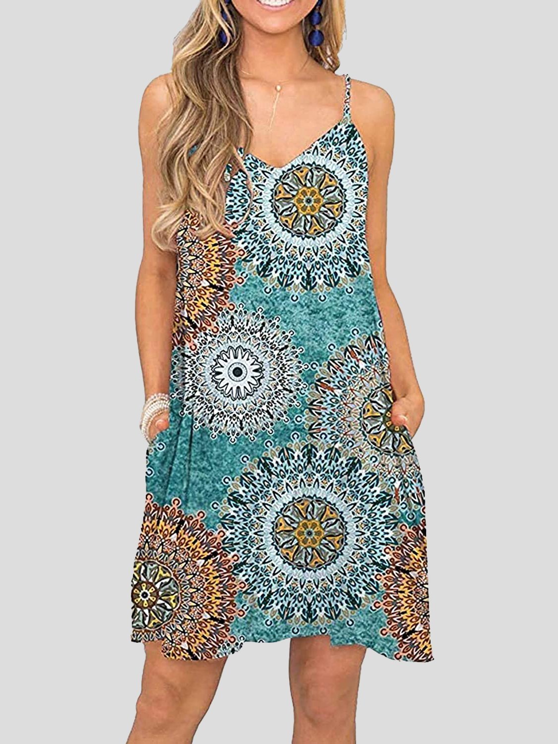 Sleeveless V-neck Print Sling Pocket Mini Dress - LuckyFash™