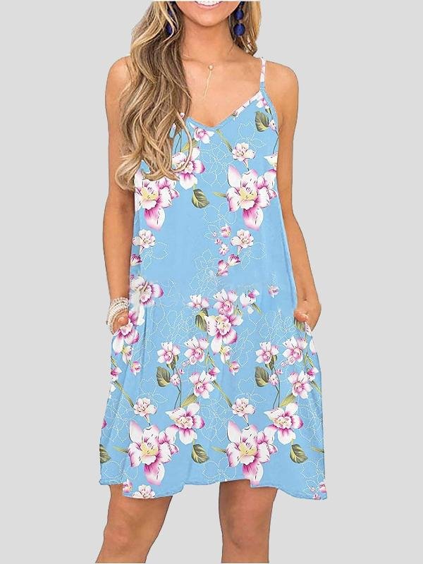 Sleeveless V-neck Print Sling Pocket Mini Dress - LuckyFash™