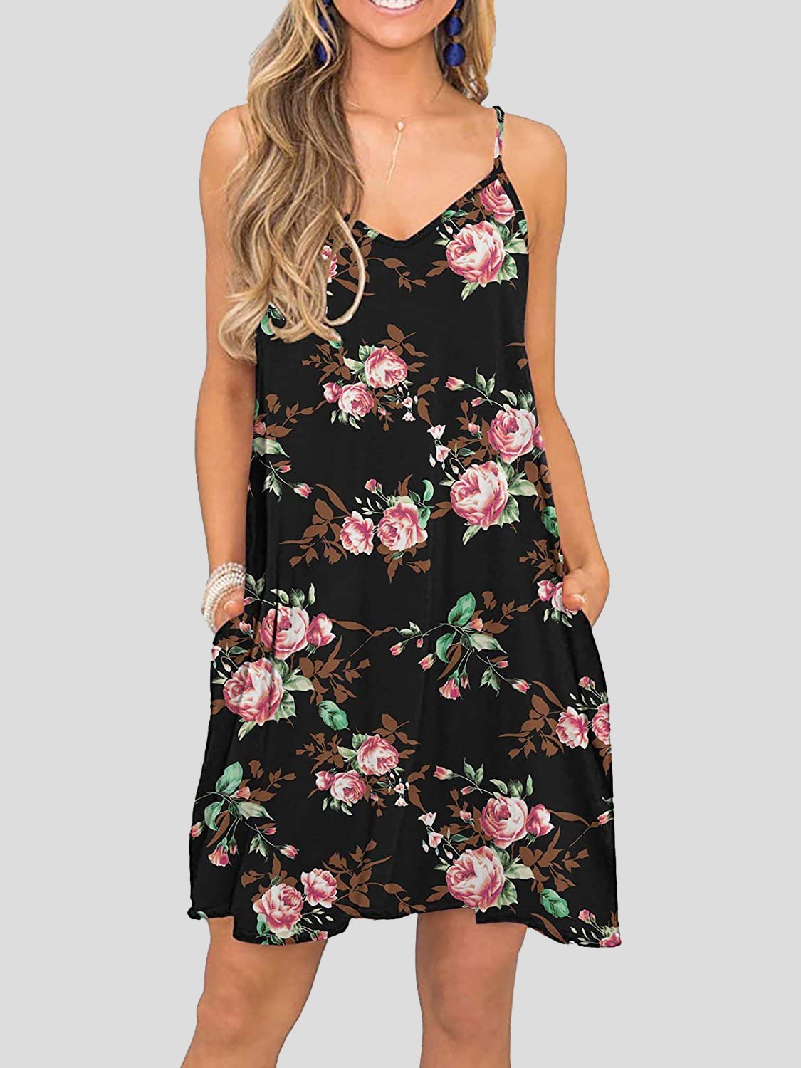 Sleeveless V-neck Print Sling Pocket Mini Dress - LuckyFash™
