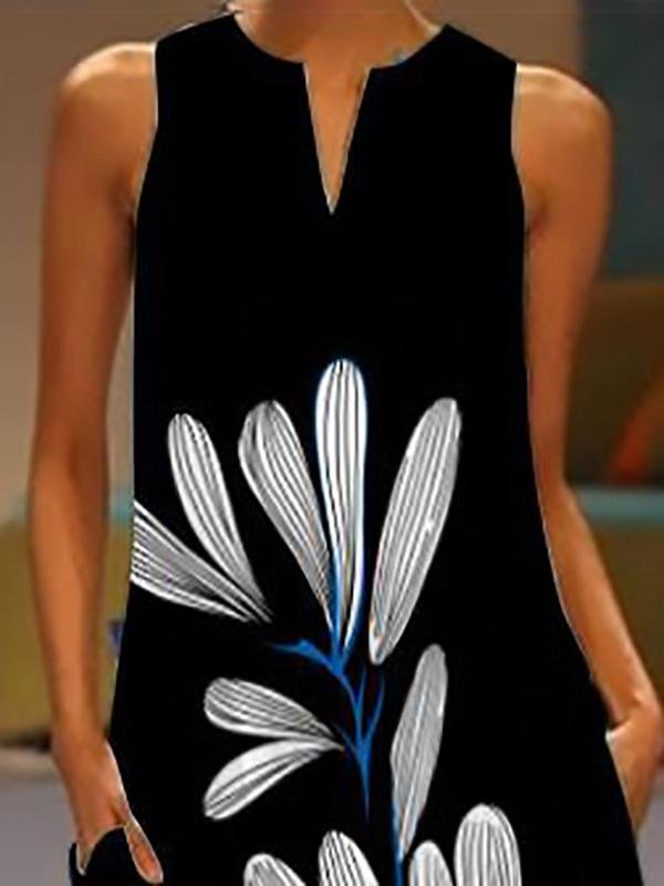 Sleeveless V-neck Printed Flower Long Dress - LuckyFash™