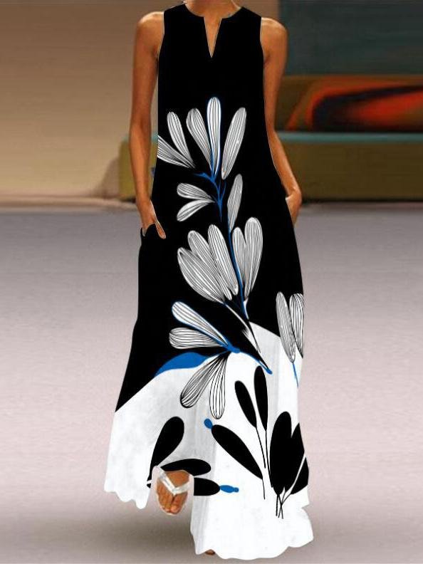 Sleeveless V-neck Printed Flower Long Dress - LuckyFash™