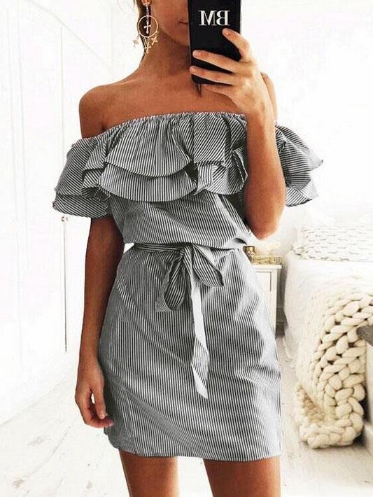 Slim-fit Lace-up Dress With Ruffled Stripes - LuckyFash™