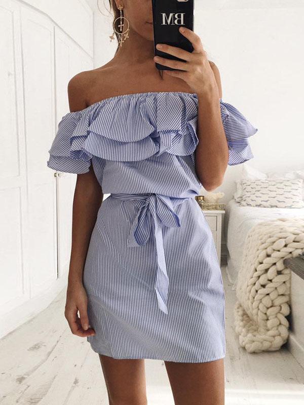 Slim-fit Lace-up Dress With Ruffled Stripes - LuckyFash™