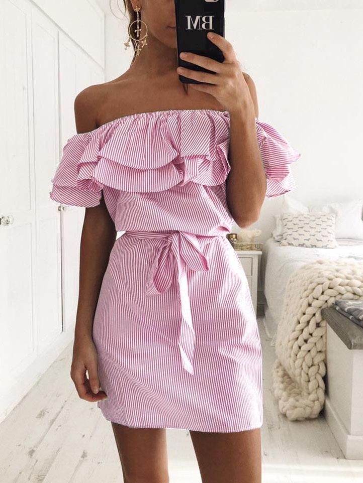 Slim-fit Lace-up Dress With Ruffled Stripes - LuckyFash™