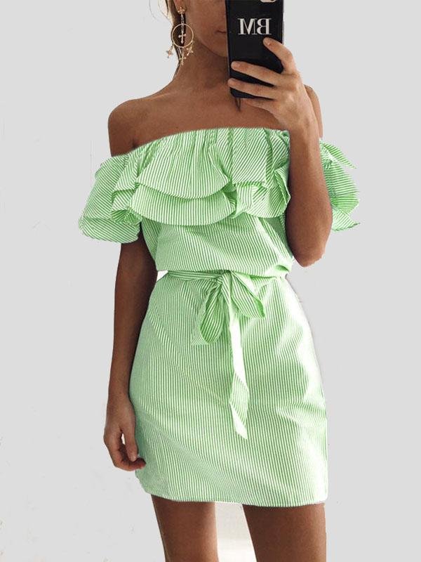 Slim-fit Lace-up Dress With Ruffled Stripes - LuckyFash™