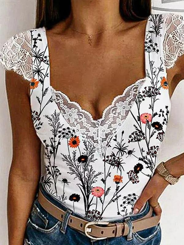 Slim-fit Lace V-neck Printed Short-sleeved Top - LuckyFash™