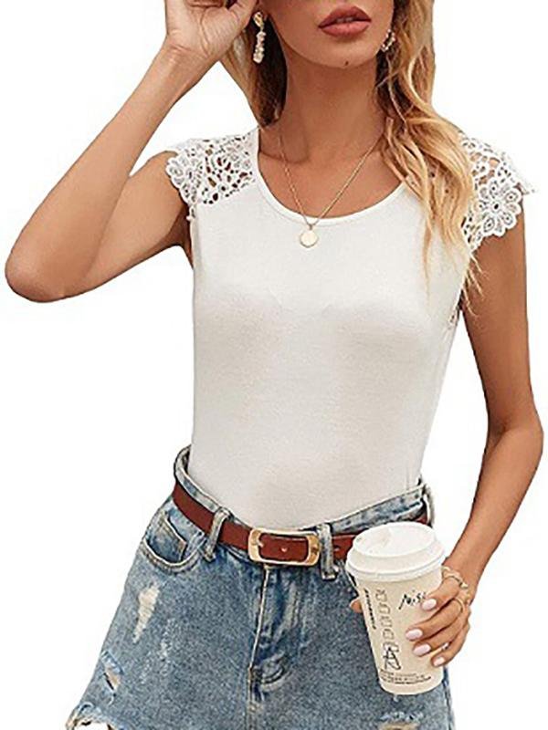 Slim-fit Solid Color Sleeveless Lace T-shirt - LuckyFash™