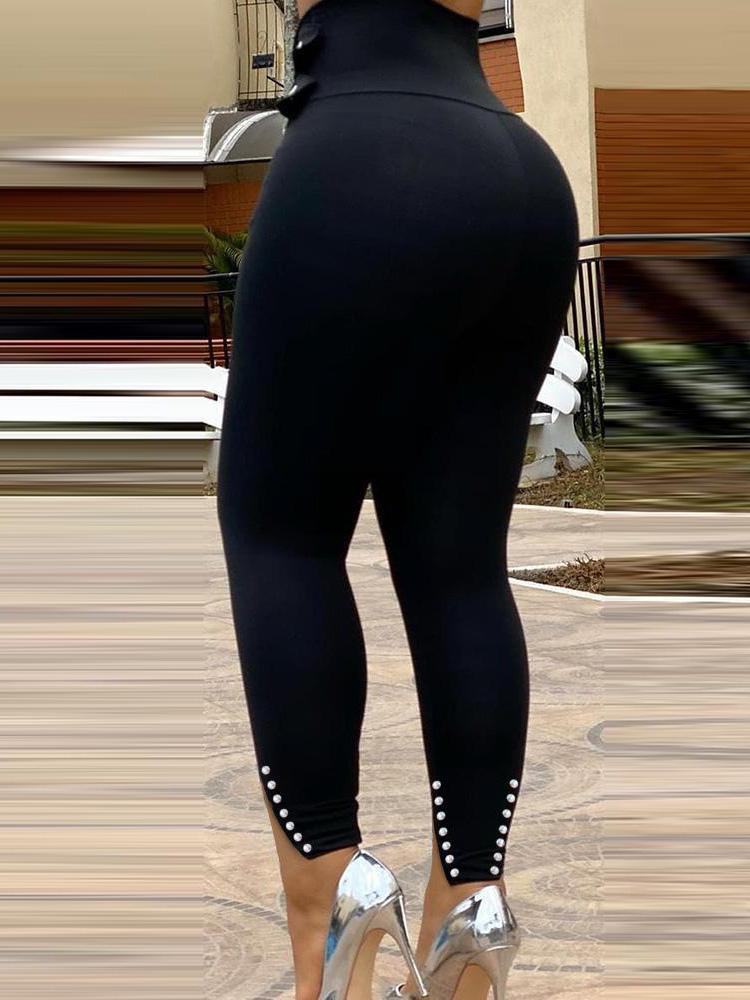 Slit Beaded Eyelet High Waist Skinny Pants - LuckyFash™