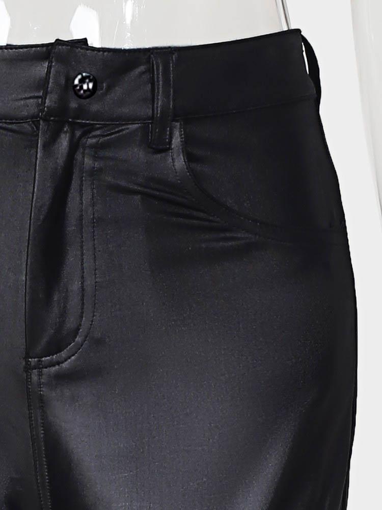 Solid Buttoned Casual Coated PU Pants - LuckyFash™