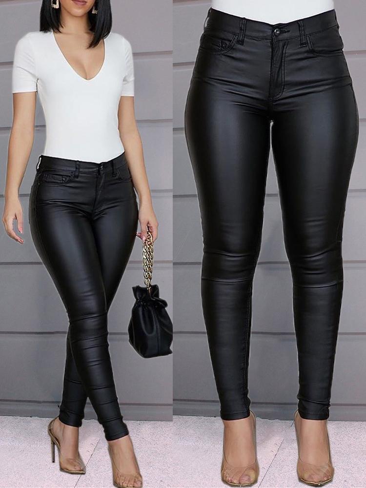 Solid Buttoned Casual Coated PU Pants - LuckyFash™