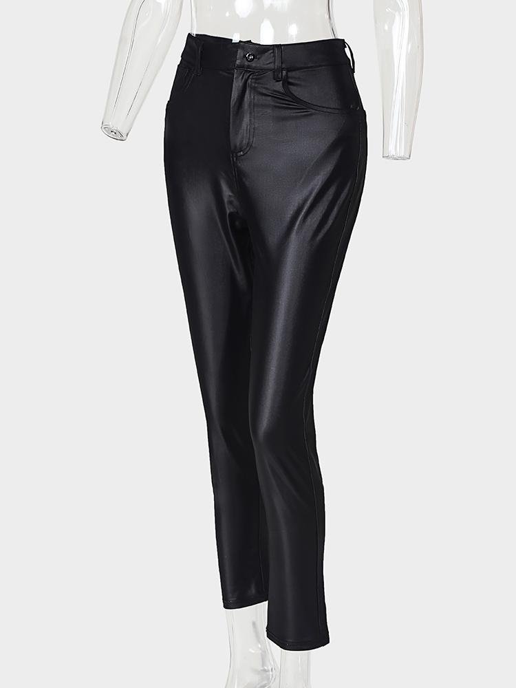 Solid Buttoned Casual Coated PU Pants - LuckyFash™