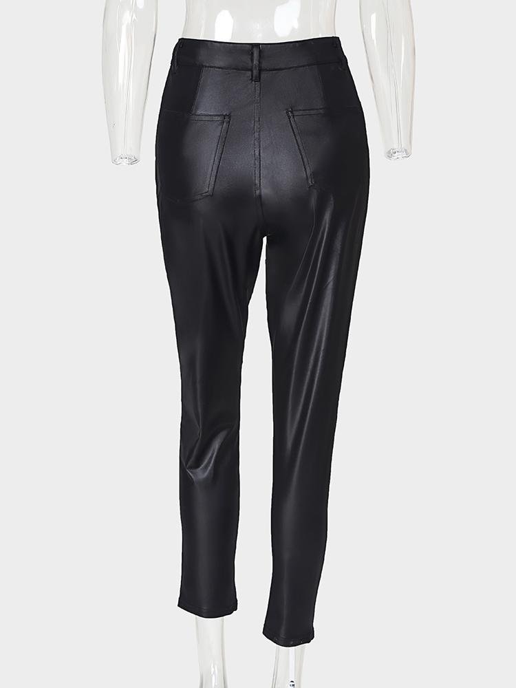 Solid Buttoned Casual Coated PU Pants - LuckyFash™