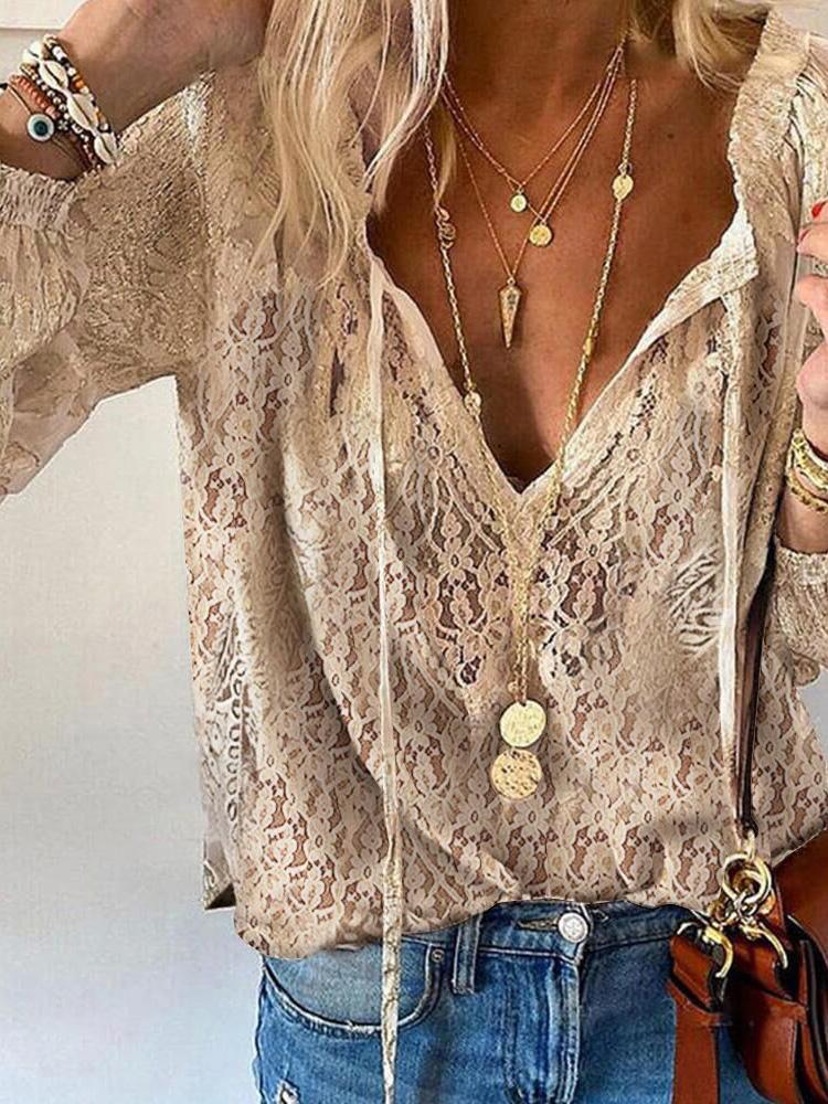 Solid Color Hollow-out Lace Long Sleeve Shirt - LuckyFash™