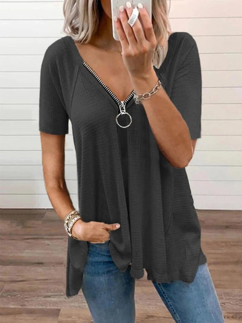 Solid Color V-neck Short-sleeved T-shirt - LuckyFash™