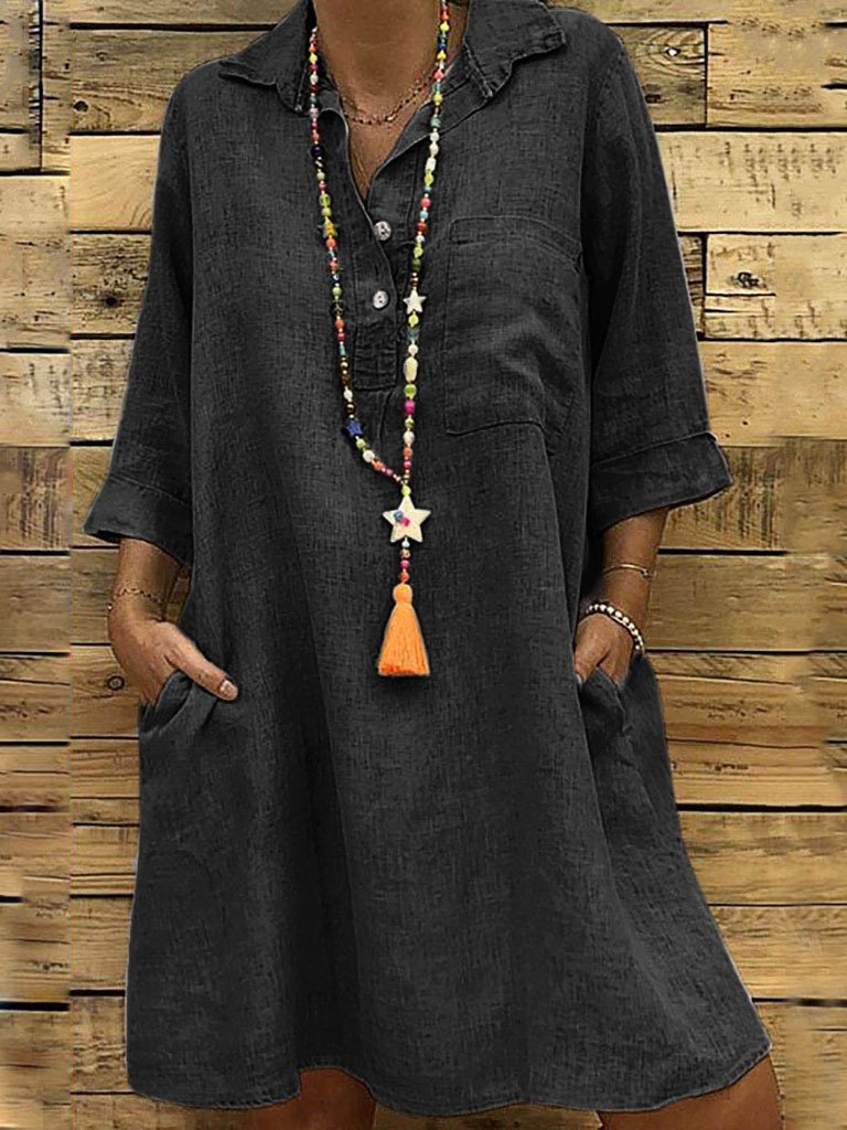 Solid Lapel Large Swing Shirt Dress With Pocket - LuckyFash™