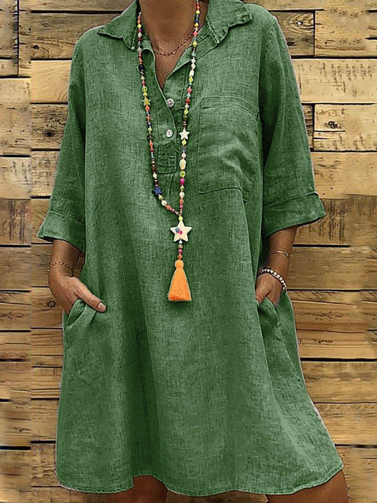 Solid Lapel Large Swing Shirt Dress With Pocket - LuckyFash™