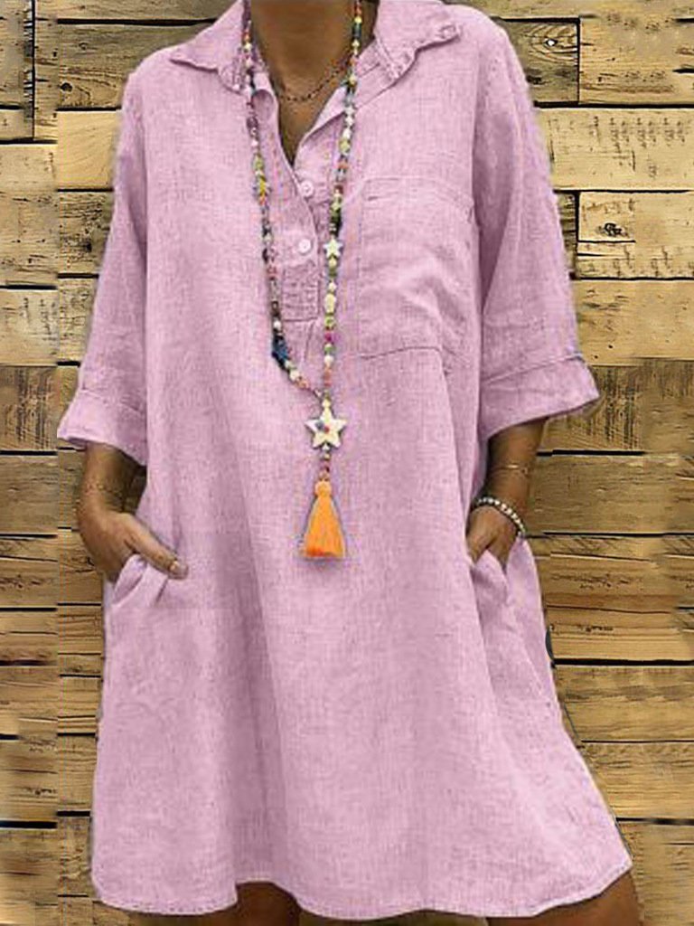 Solid Lapel Large Swing Shirt Dress With Pocket - LuckyFash™