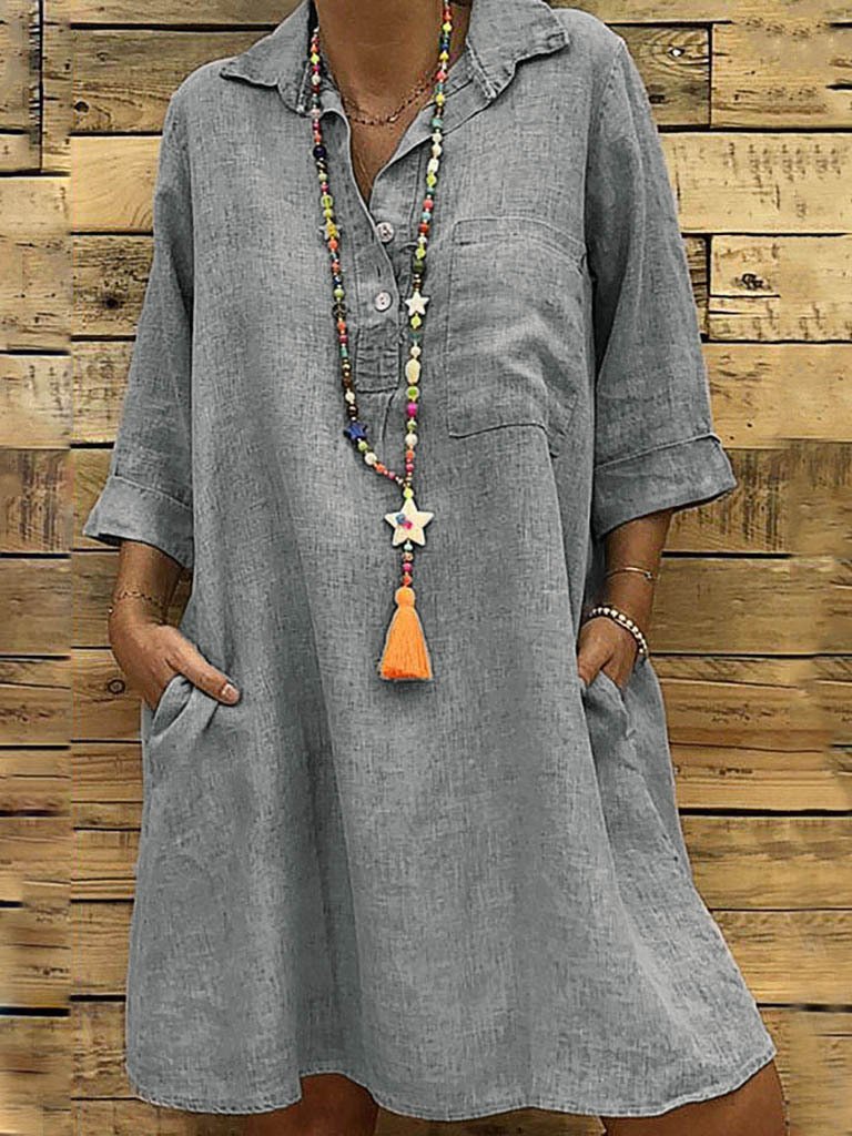 Solid Lapel Large Swing Shirt Dress With Pocket - LuckyFash™