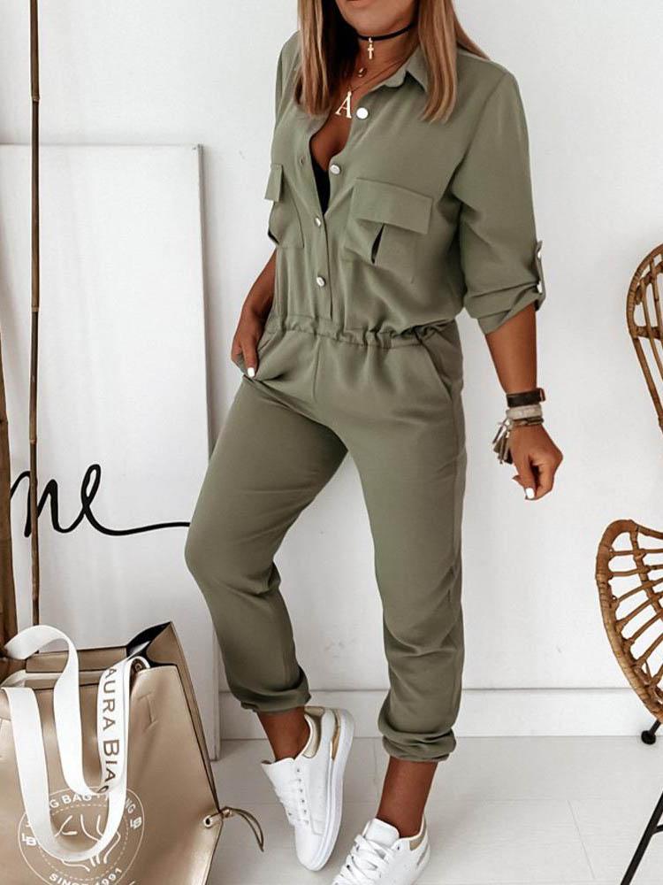 Solid Long Sleeve Elastic Waist Jumpsuit - LuckyFash™