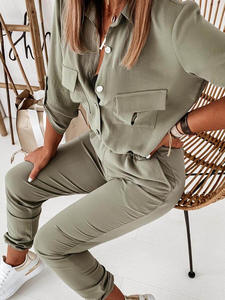 Solid Long Sleeve Elastic Waist Jumpsuit - LuckyFash™