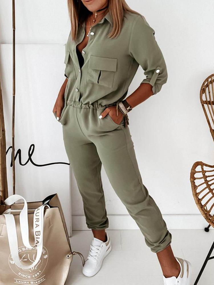 Solid Long Sleeve Elastic Waist Jumpsuit - LuckyFash™