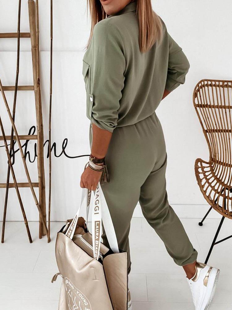 Solid Long Sleeve Elastic Waist Jumpsuit - LuckyFash™