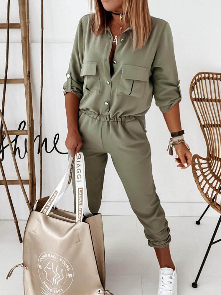 Solid Long Sleeve Elastic Waist Jumpsuit - LuckyFash™