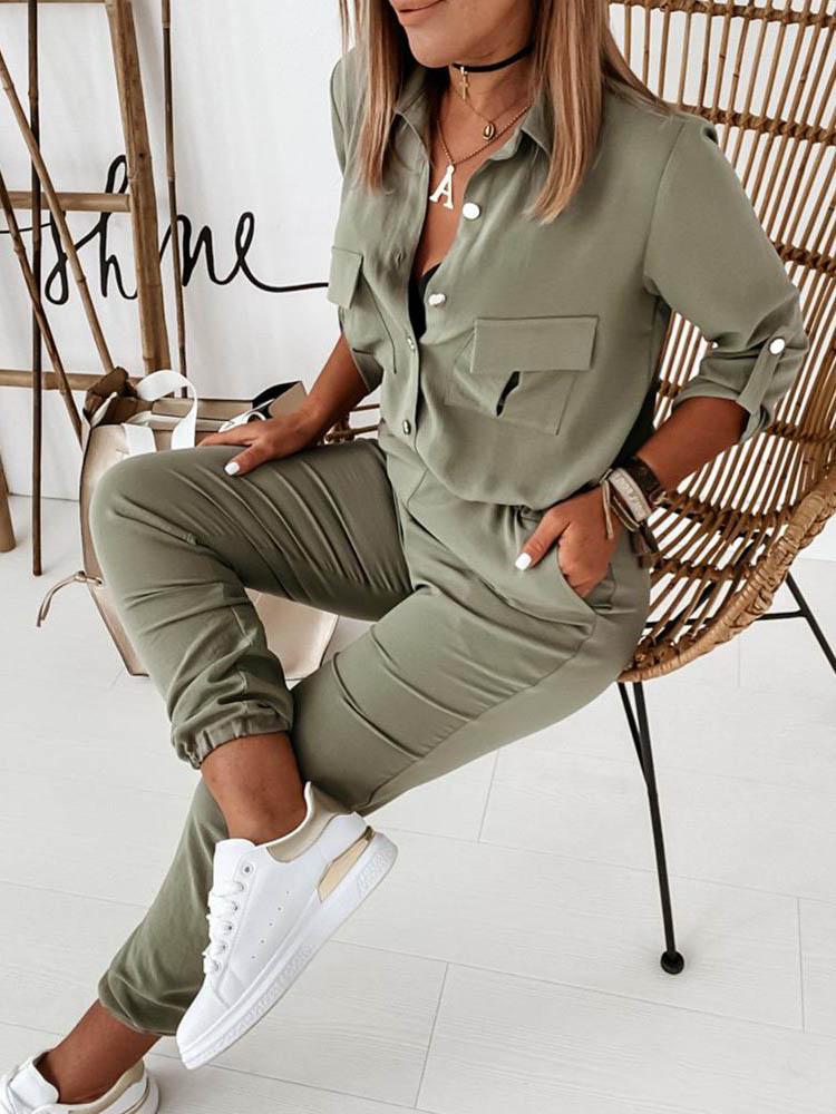 Solid Long Sleeve Elastic Waist Jumpsuit - LuckyFash™