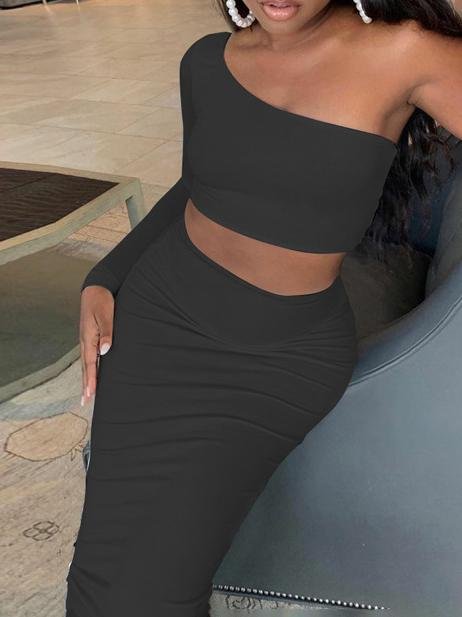 Solid Long-sleeved Crop Top & Long Skirt Two Piece Suit - LuckyFash™