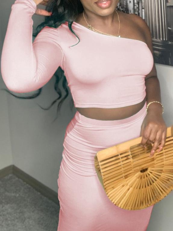 Solid Long-sleeved Crop Top & Long Skirt Two Piece Suit - LuckyFash™