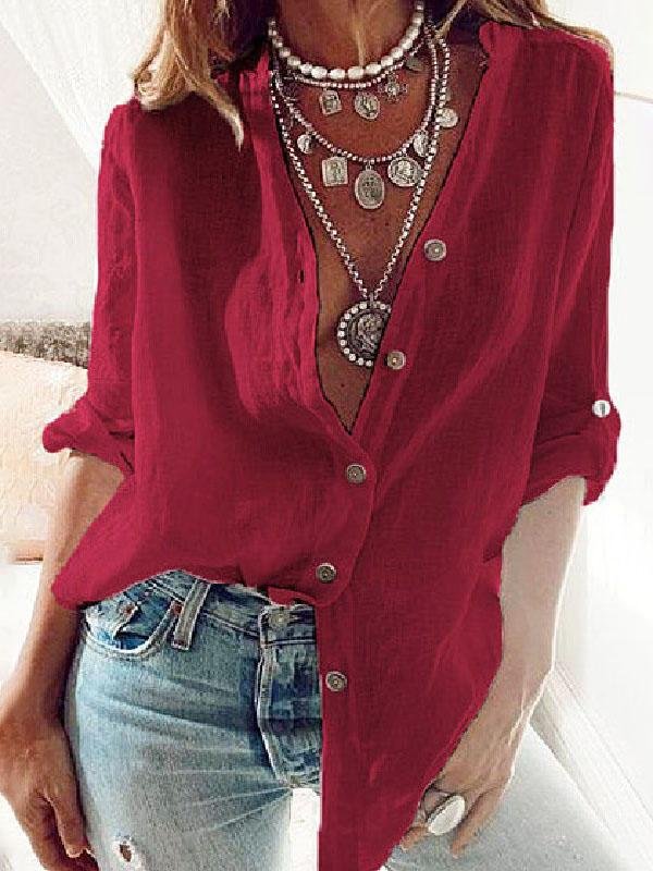 Solid Loose V-neck Long-sleeved Shirt - LuckyFash™