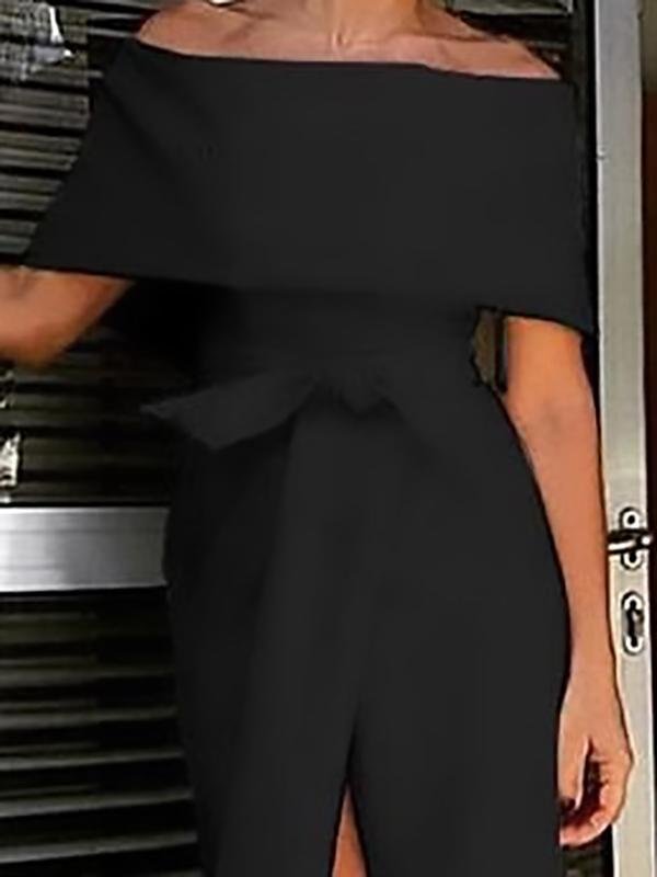 Solid Slim Fit One-shoulder Off-shoulder Split Dress - LuckyFash™