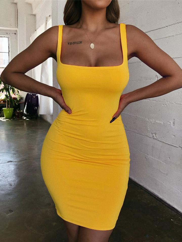 Solid Square Neck High Elastic Sling Slim Bodycon Dress - LuckyFash™