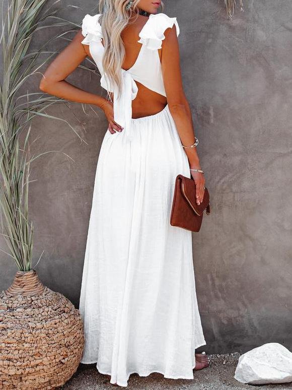 Solid V Neck Ruffle White Maxi Dress - LuckyFash™