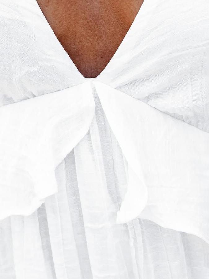 Solid V Neck Ruffle White Maxi Dress - LuckyFash™