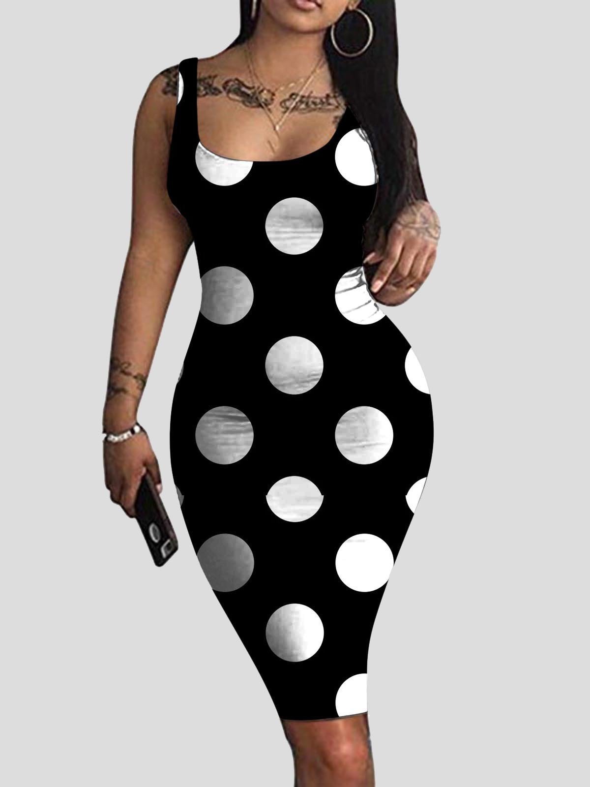 Square Collar Sleeveless Polka Dot Tight Skirt - LuckyFash™