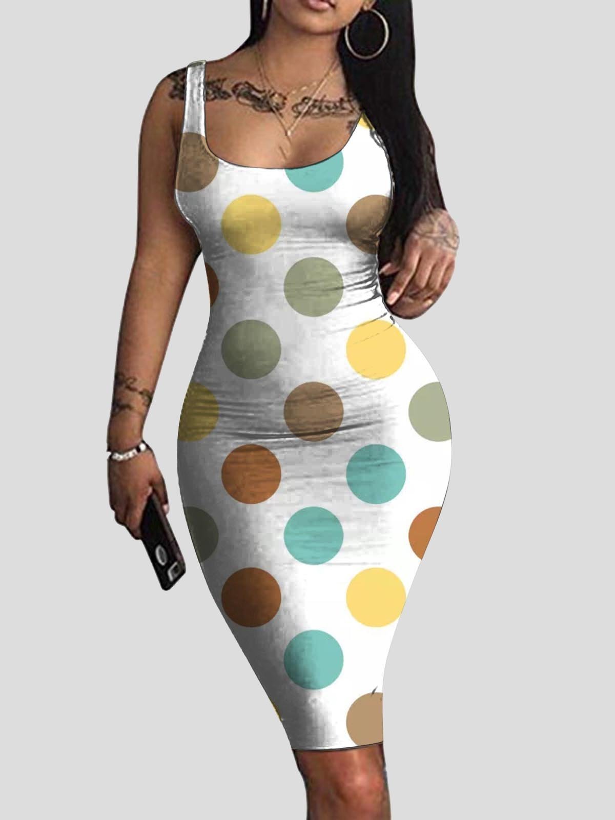 Square Collar Sleeveless Polka Dot Tight Skirt - LuckyFash™