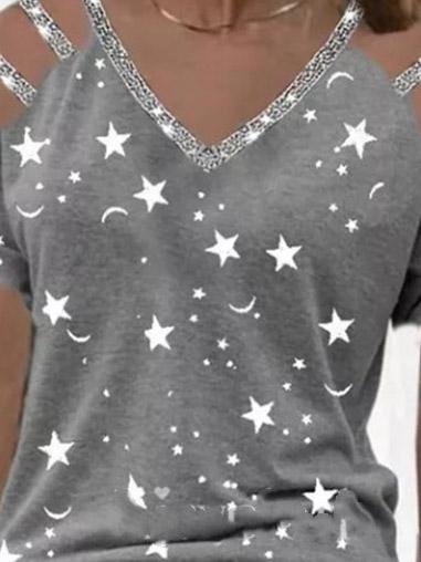 Star Print V-Neck Off The Shoulder T-Shirt - LuckyFash™