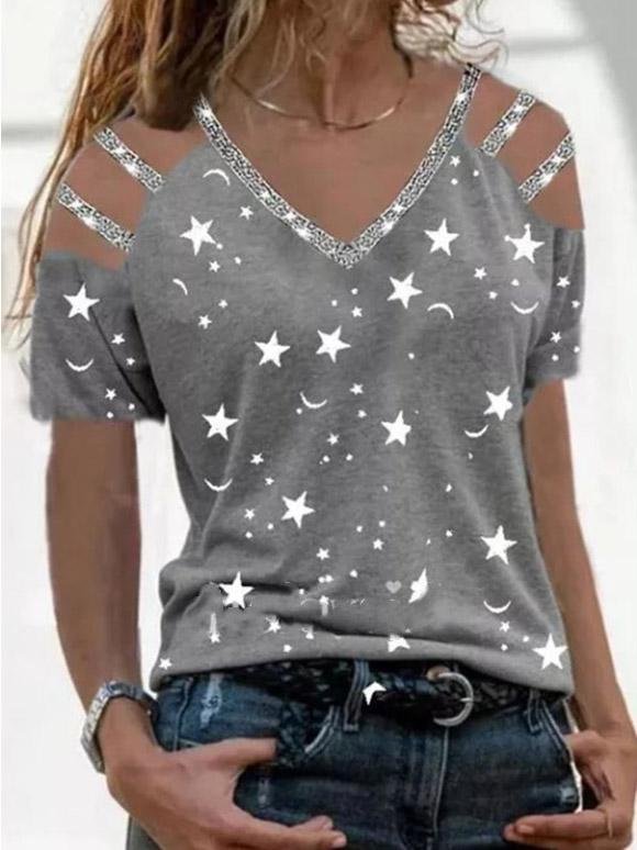 Star Print V-Neck Off The Shoulder T-Shirt - LuckyFash™