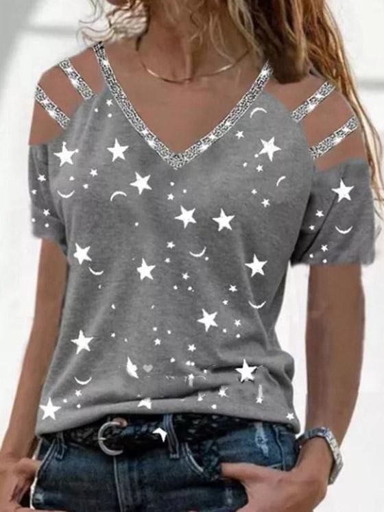 Star Print V-Neck Off The Shoulder T-Shirt - LuckyFash™