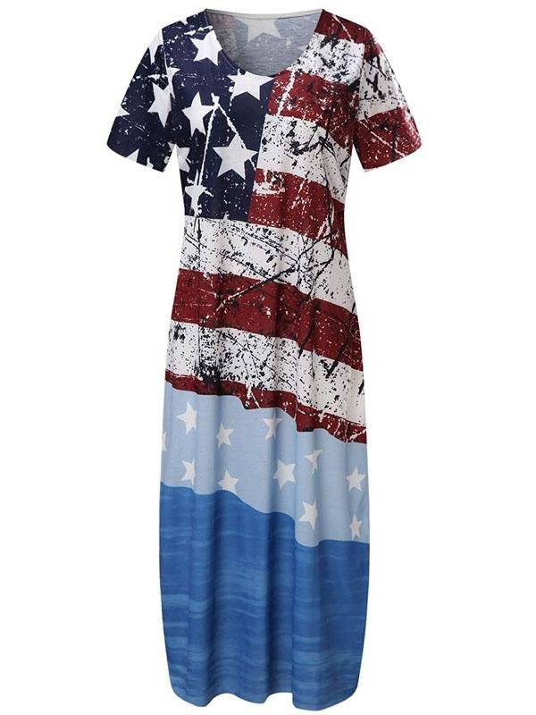 Star Print V-neck Short Sleeve Dress - LuckyFash™