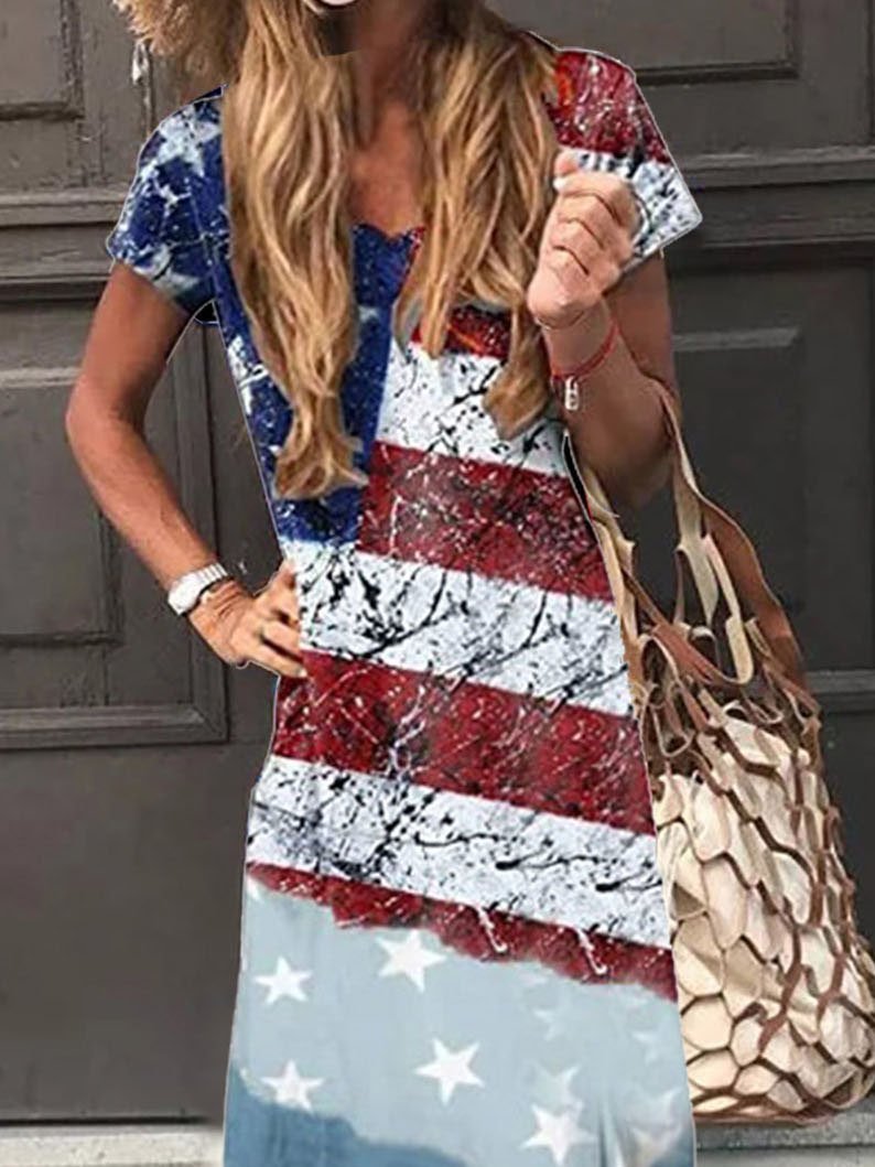 Star Print V-neck Short Sleeve Dress - LuckyFash™