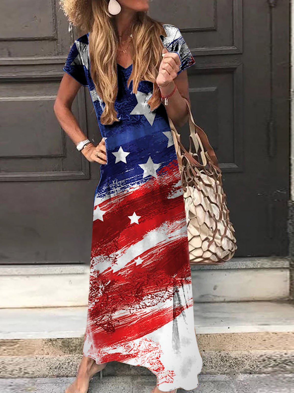 Star Print V-neck Short Sleeve Dress - LuckyFash™