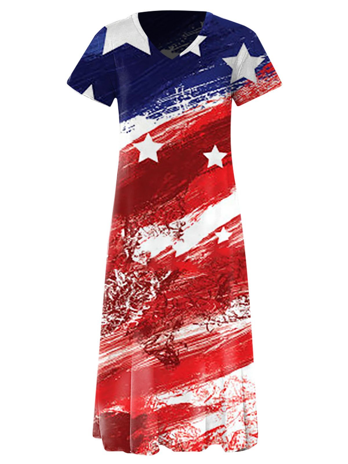 Star Print V-neck Short Sleeve Dress - LuckyFash™