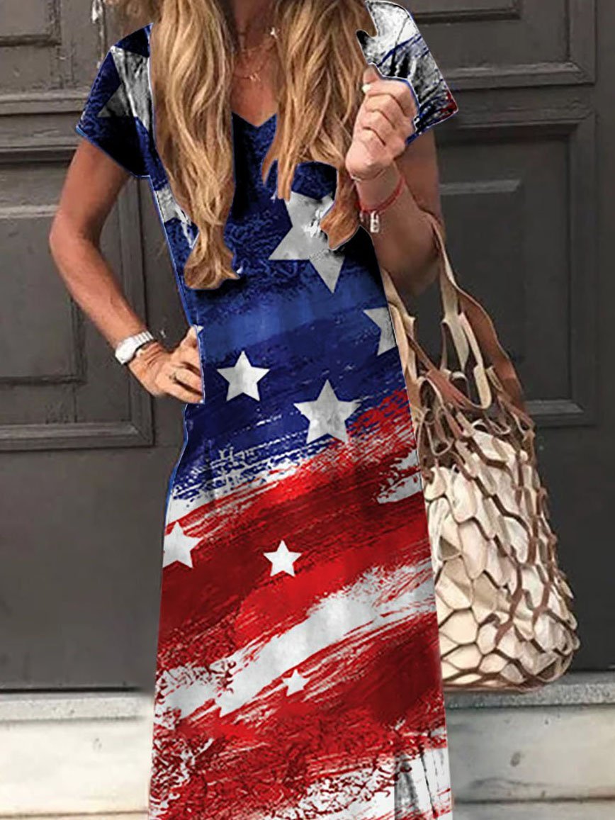 Star Print V-neck Short Sleeve Dress - LuckyFash™